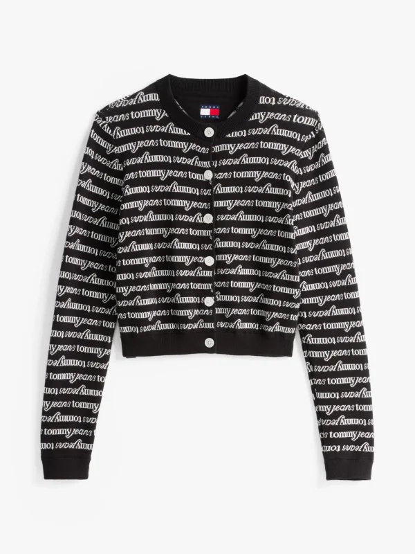 Tommy Hilfiger Cropped Slim Fit Cardigan mit Logomuster BLACK HYBRID LOGO AOP New