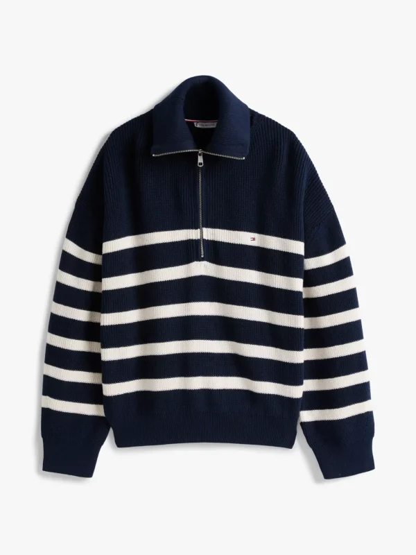 Tommy Hilfiger Curve Relaxed Fit Pullover mit Reißverschluss DESERT SKY/IVORY PETAL STRIPE Fashion
