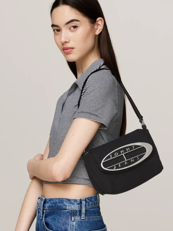 Tommy Hilfiger Exclusive Denim-Schultertasche mit Origin-Emblem BLACK Online