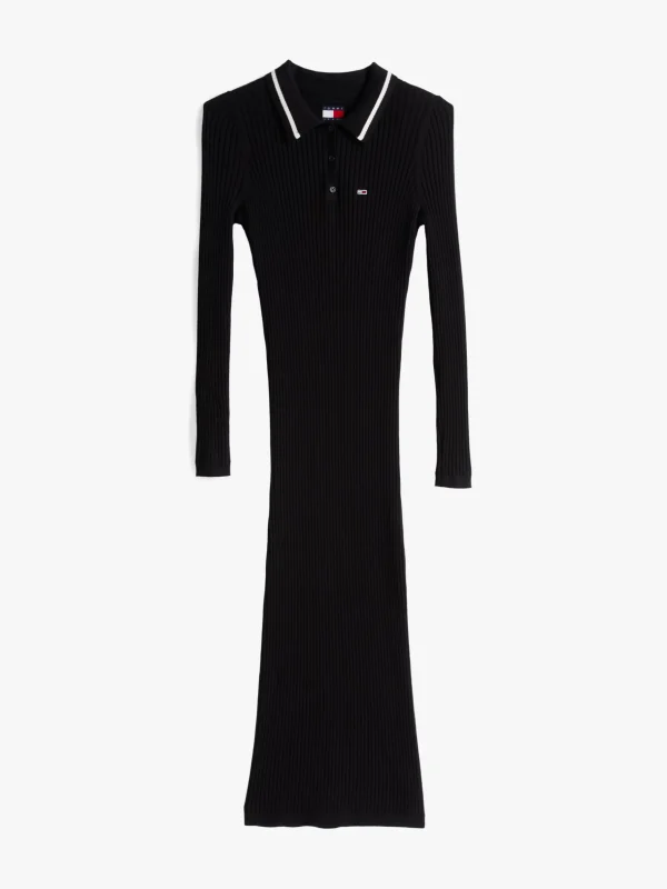 Tommy Hilfiger Geripptes Slim Fit Midi-Polokleid BLACK Hot