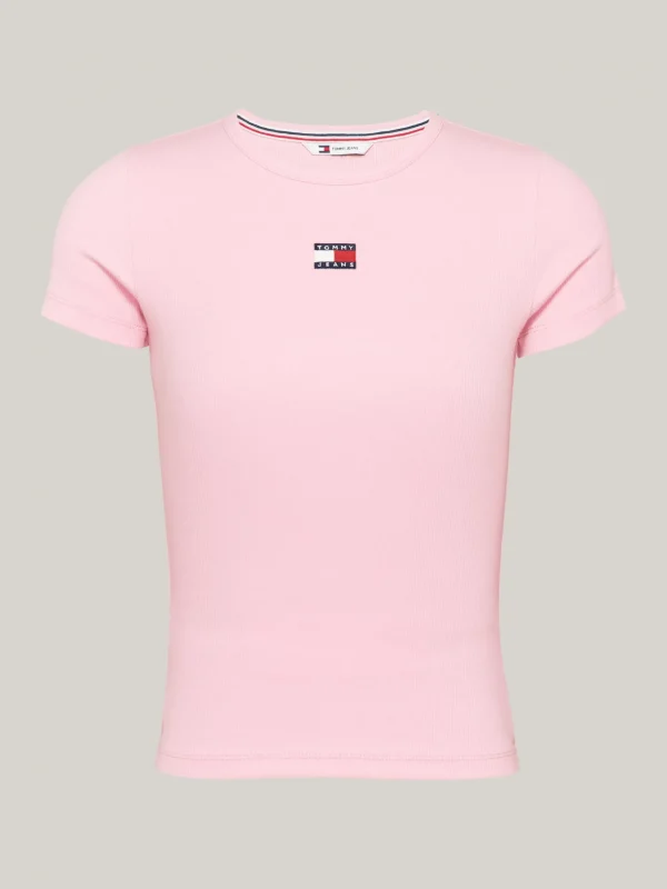 Tommy Hilfiger Geripptes Slim Fit T-Shirt mit Badge BALLET PINK Store