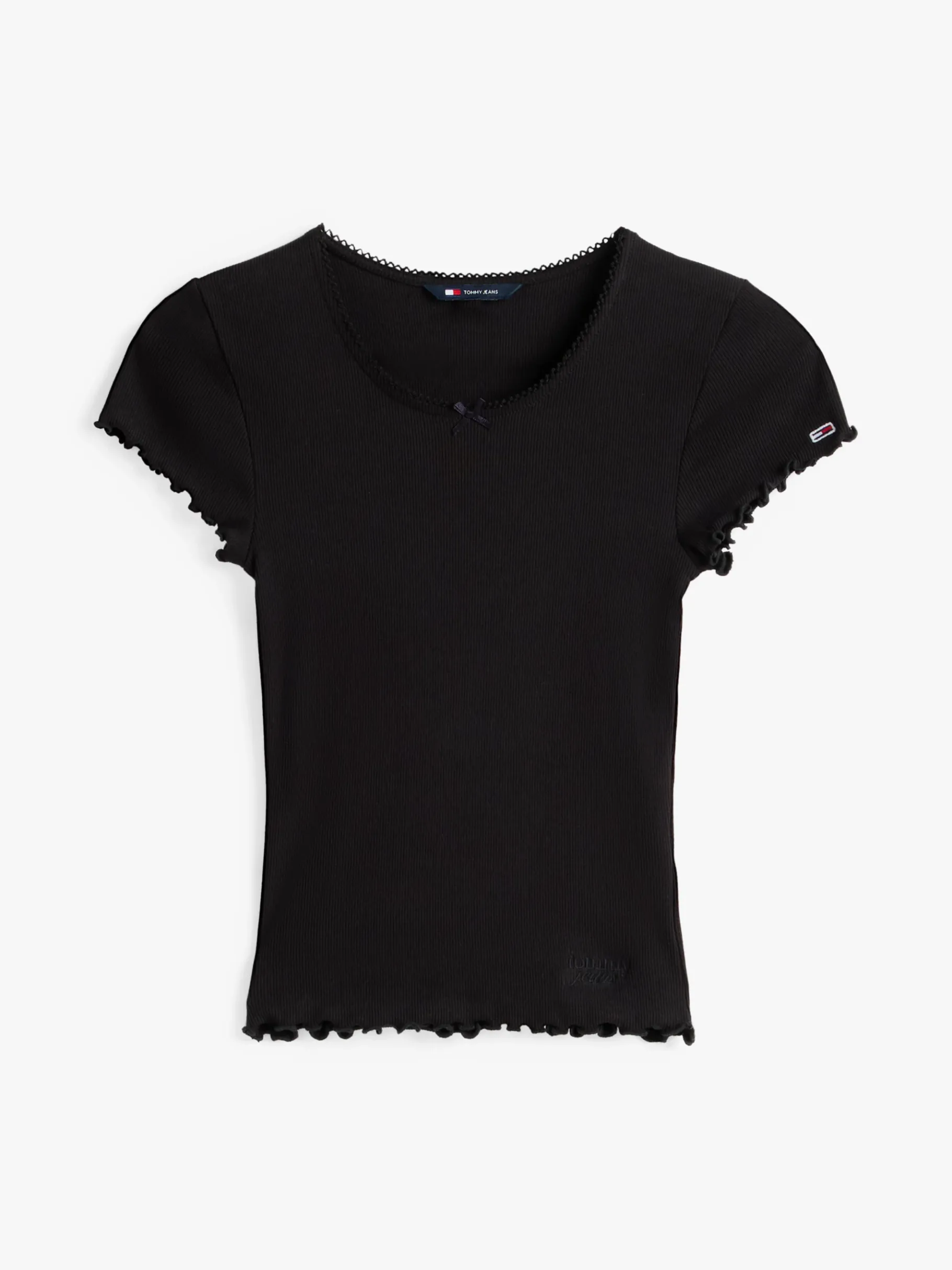 Tommy Hilfiger Geripptes Slim Fit T-Shirt mit Rüschenärmeln BLACK Cheap