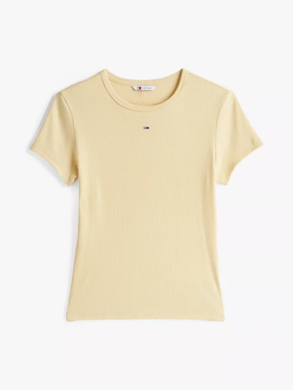 Tommy Hilfiger Geripptes Slim Fit T-Shirt CUSTARD CREAM Flash Sale