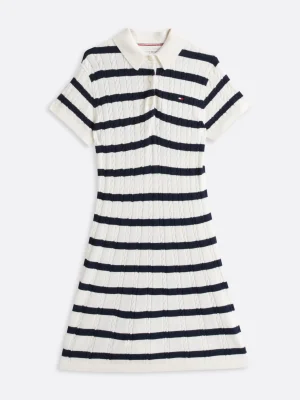 Tommy Hilfiger Gestreiftes Strickkleid mit Zopfmuster IVORY PETAL NAVY STRIPES Clearance