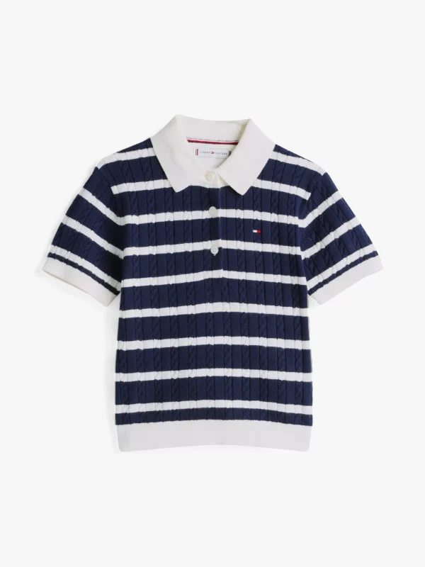 Tommy Hilfiger Kurzarm-Pullover im Zopfstrick-Design DARK NIGHT NAVY STRIPES Clearance