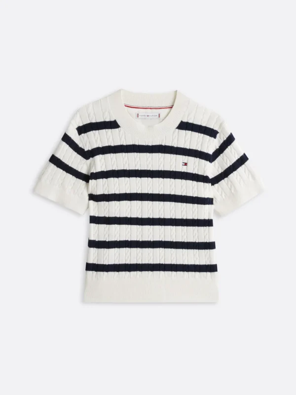 Tommy Hilfiger Kurzarm-Pullover mit Mini-Zopfmuster IVORY PETAL BASE NAVY STRIPES Online