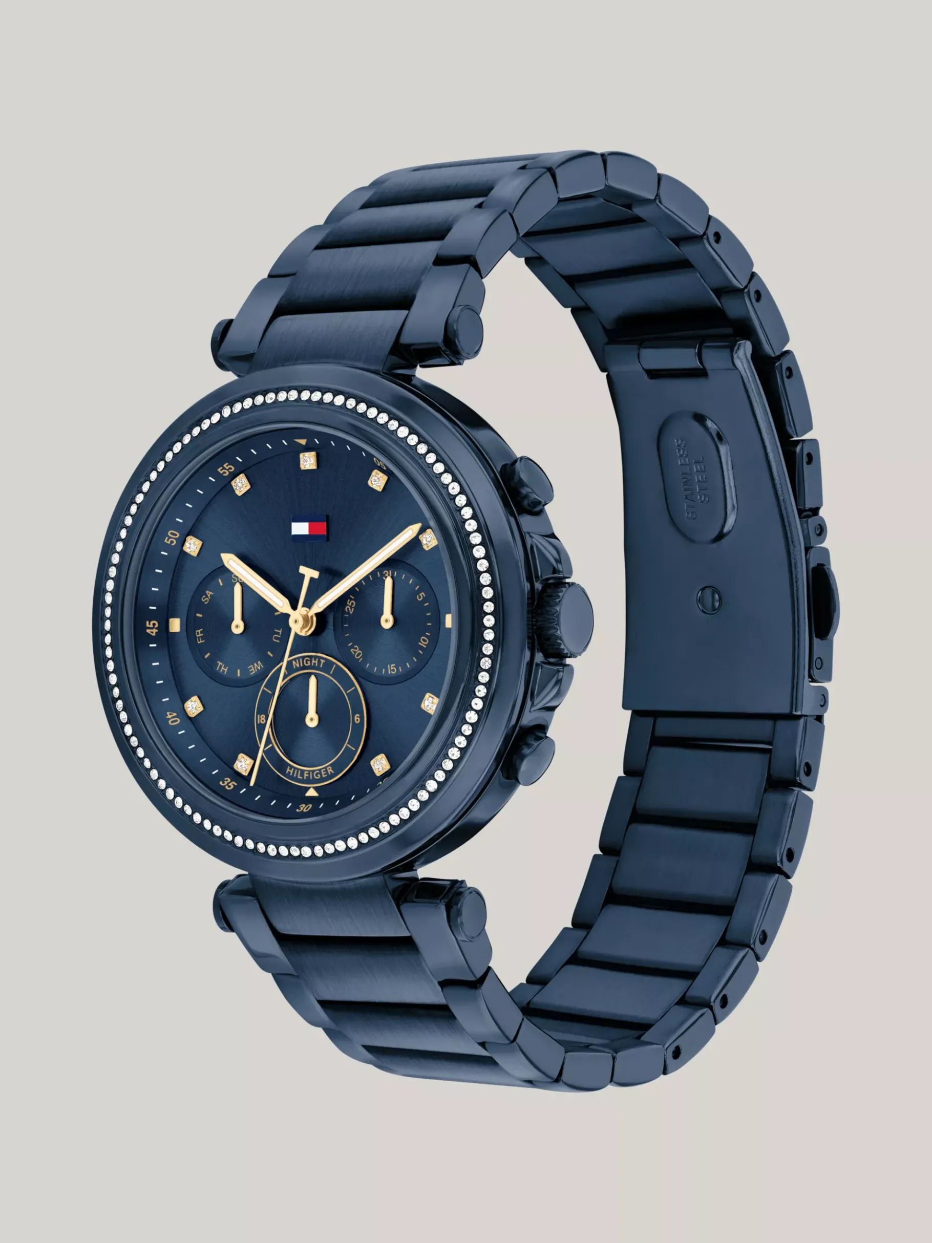 Tommy Hilfiger Marineblaue Edelstahluhr mit Kristallen BLUE Cheap