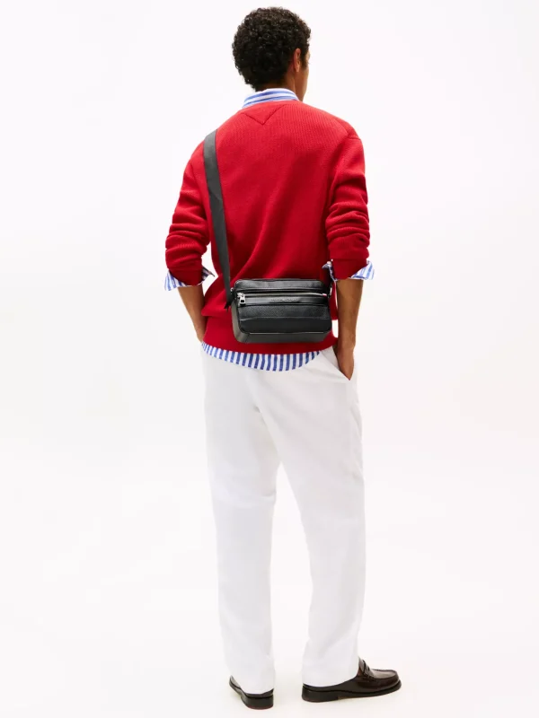 Tommy Hilfiger Messenger-Bag aus Narbenleder mit Doppelreißverschluss BLACK Best Sale