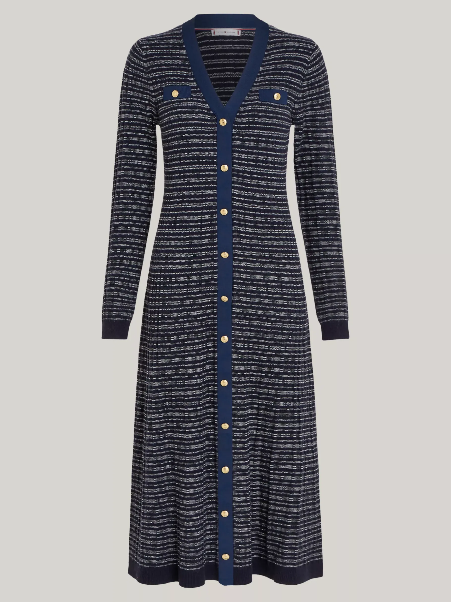 Tommy Hilfiger Midi-Bodycon-Pulloverkleid mit V-Ausschnitt NAVY/ IVORY TEXTURE STP Outlet