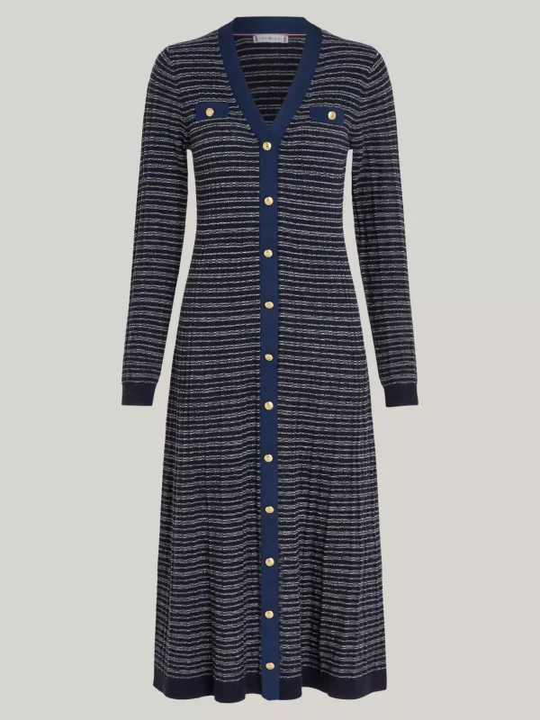 Tommy Hilfiger Midi-Bodycon-Pulloverkleid mit V-Ausschnitt NAVY/ IVORY TEXTURE STP Outlet