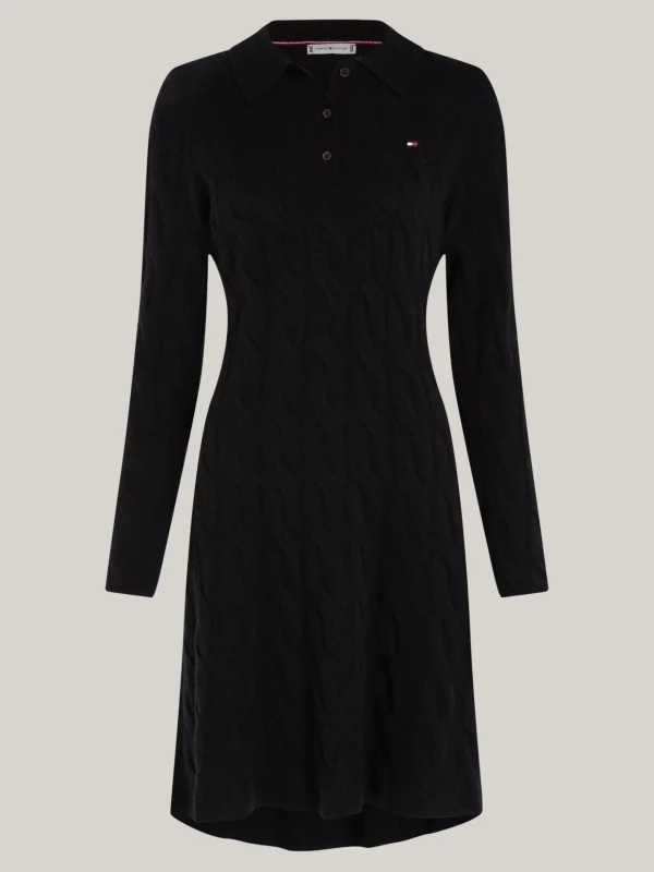 Tommy Hilfiger Mini-Pulloverkleid mit Polokragen und Zopfstrick BLACK Best Sale