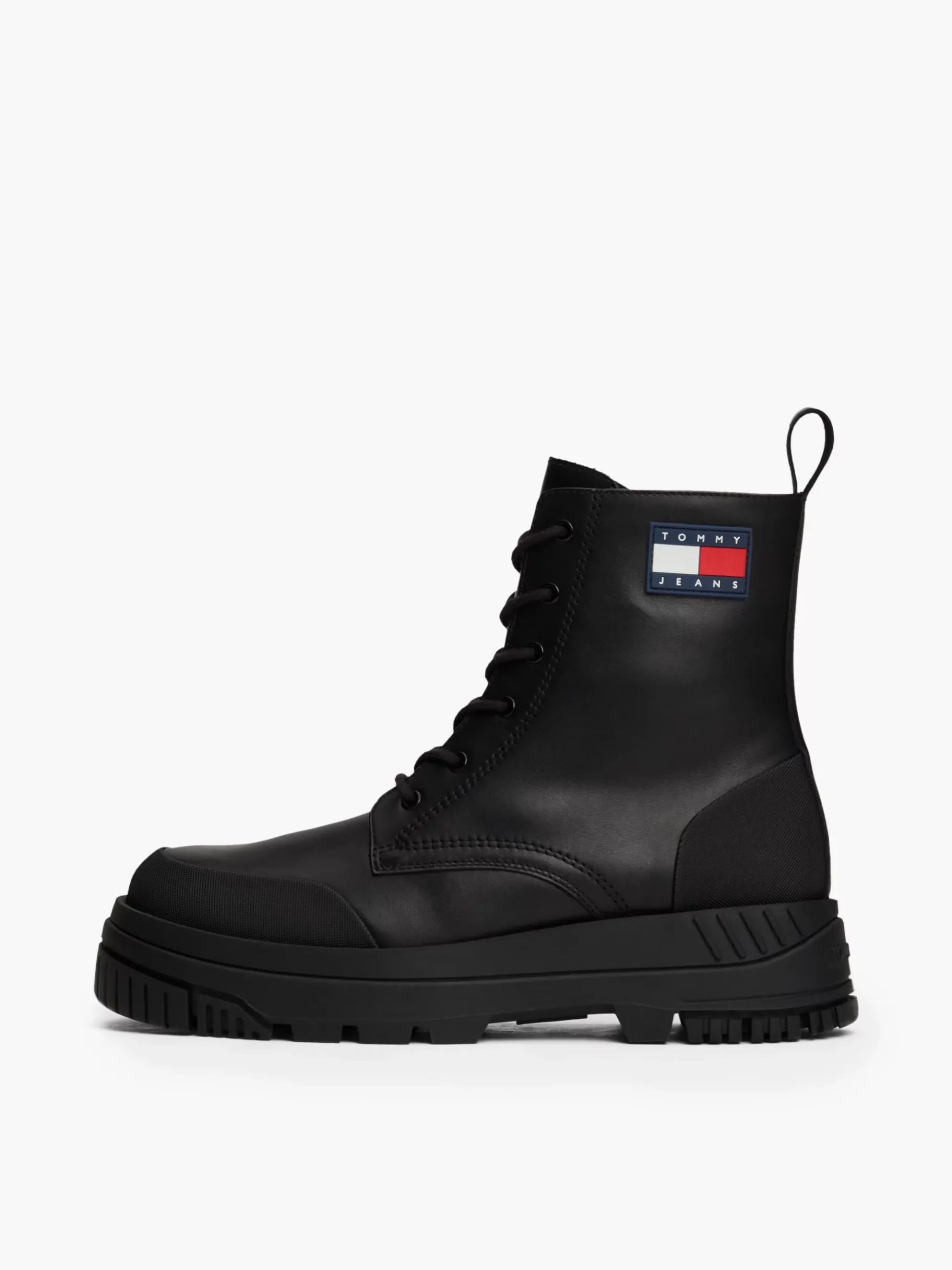 Tommy Hilfiger Mittelhoher klobiger Leder-Schnürstiefel BLACK Clearance