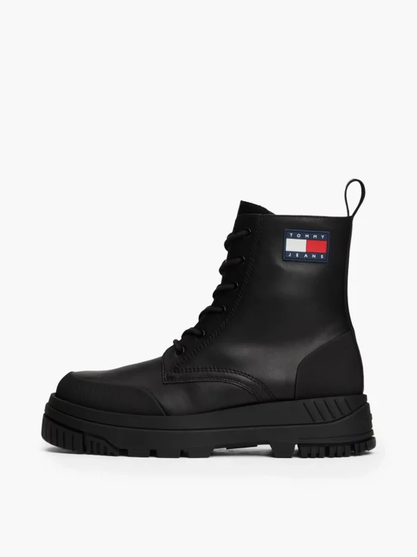 Tommy Hilfiger Mittelhoher klobiger Leder-Schnürstiefel BLACK Clearance