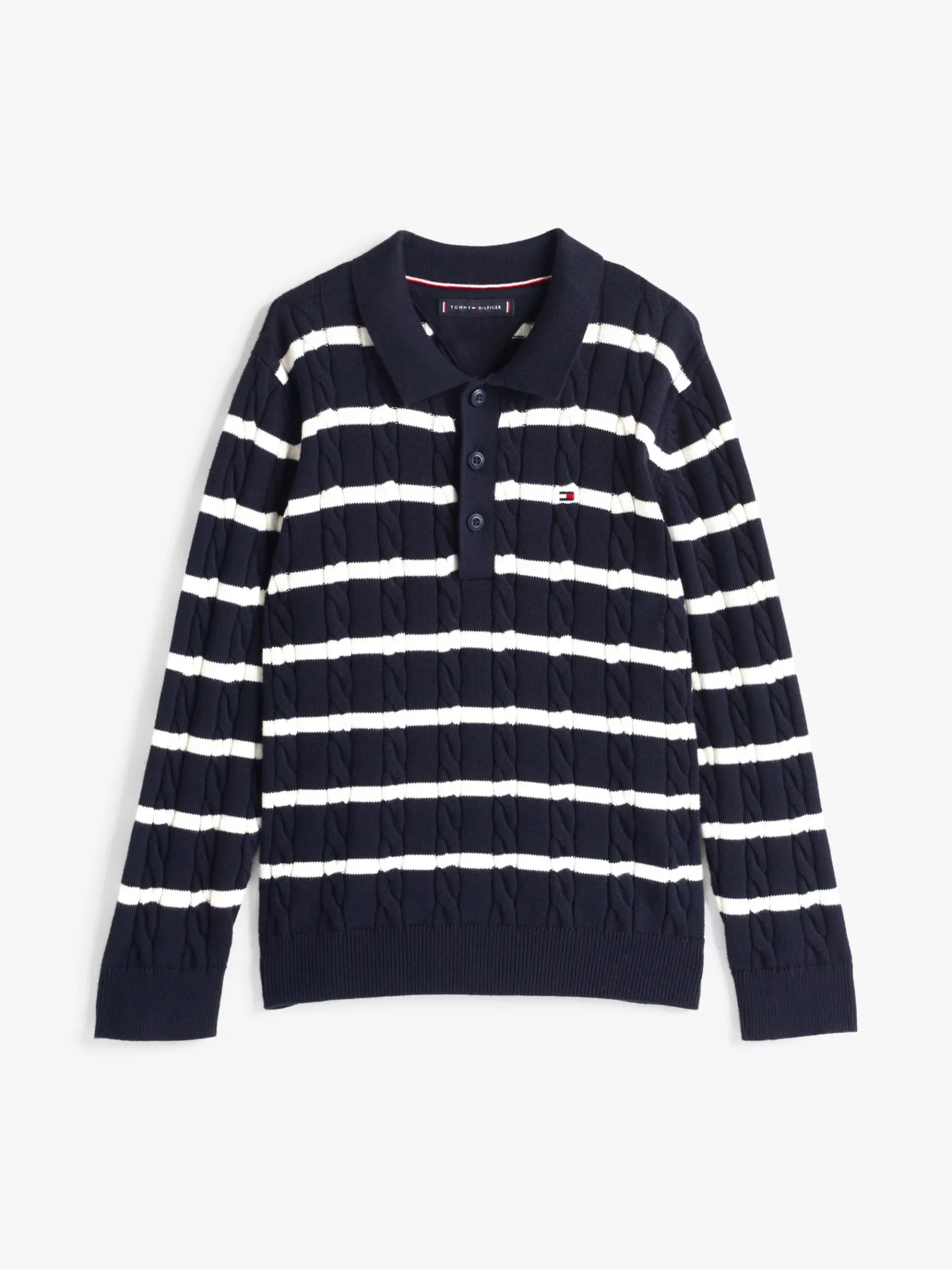 Tommy Hilfiger Polo-Pullover im Zopfstrick-Design DARK NIGHT NAVY IVORY PETAL STRIPE Flash Sale