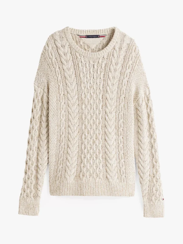 Tommy Hilfiger Relaxed Fit Pullover mit Aran-Zopfmuster IVORY PETAL / SANDALWOOD MOULINE Clearance