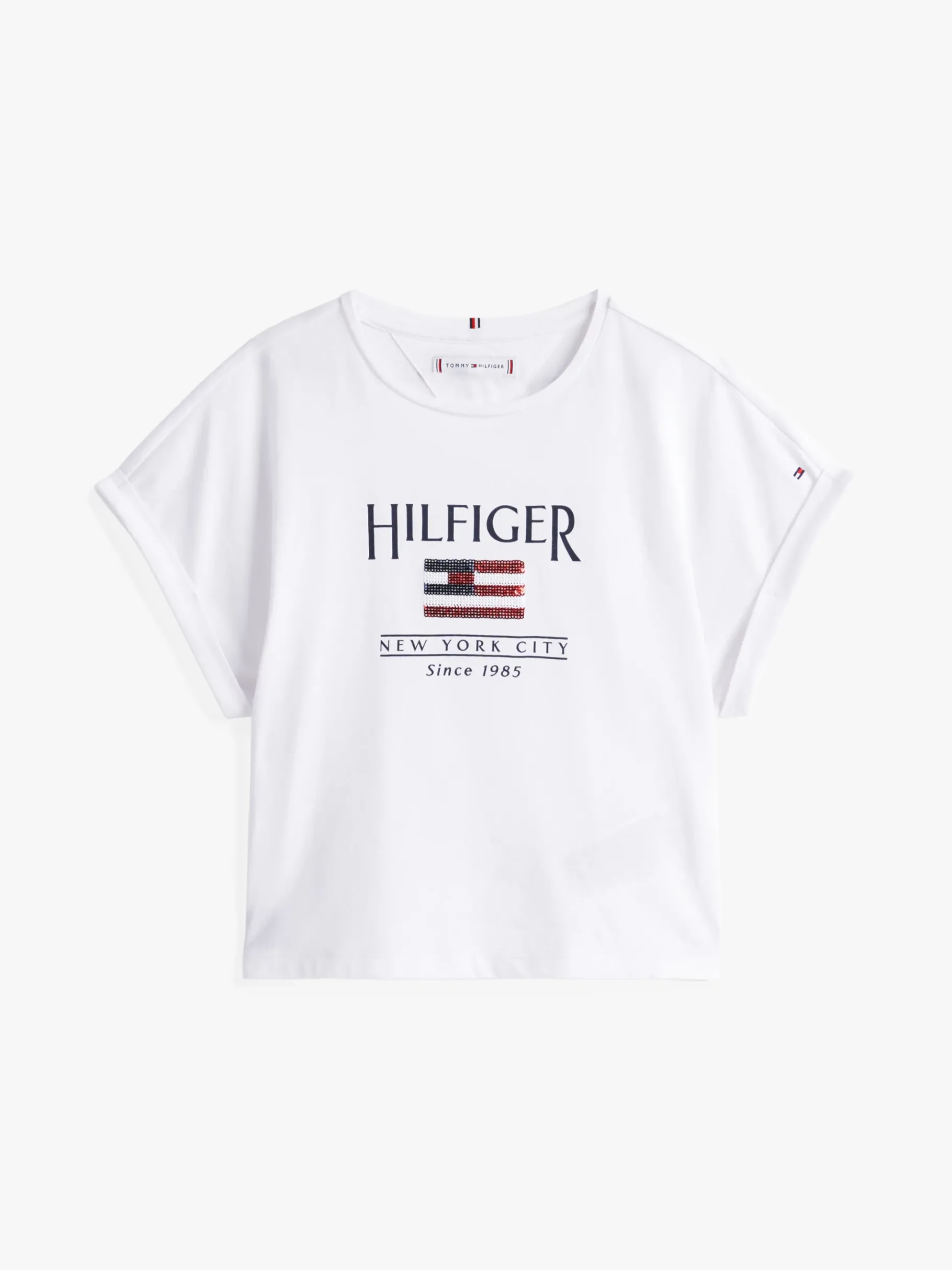 Tommy Hilfiger Relaxed Fit T-Shirt mit Flag aus Pailletten WHITE Hot