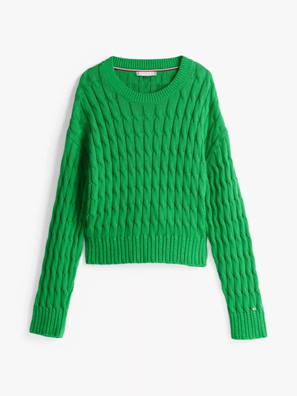 Tommy Hilfiger Rundhals-Pullover im Zopfstrick-Design RADIANT GREEN Best Sale