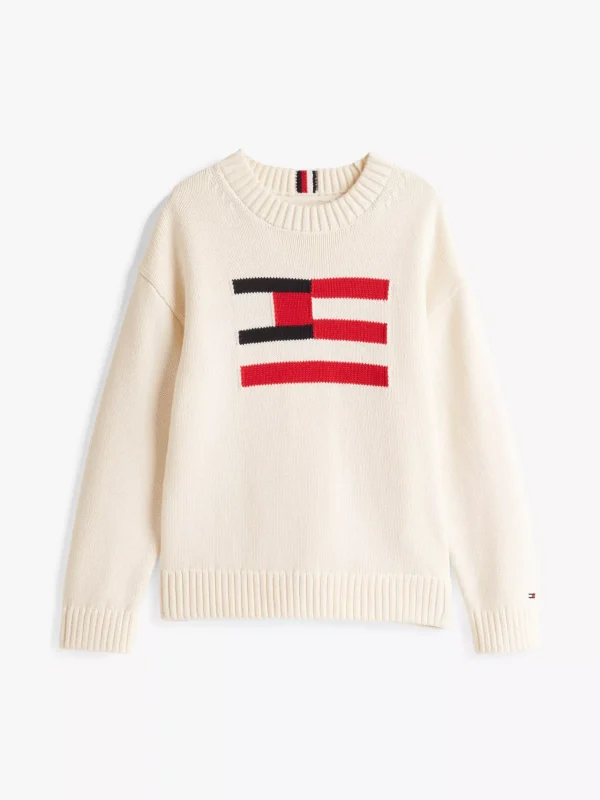 Tommy Hilfiger Rundhals-Pullover mit Hilfiger Flag IVORY PETAL Flash Sale