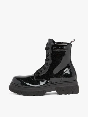Tommy Hilfiger Schnürstiefel mit Lack-Finish und Glitzer BLACK Outlet