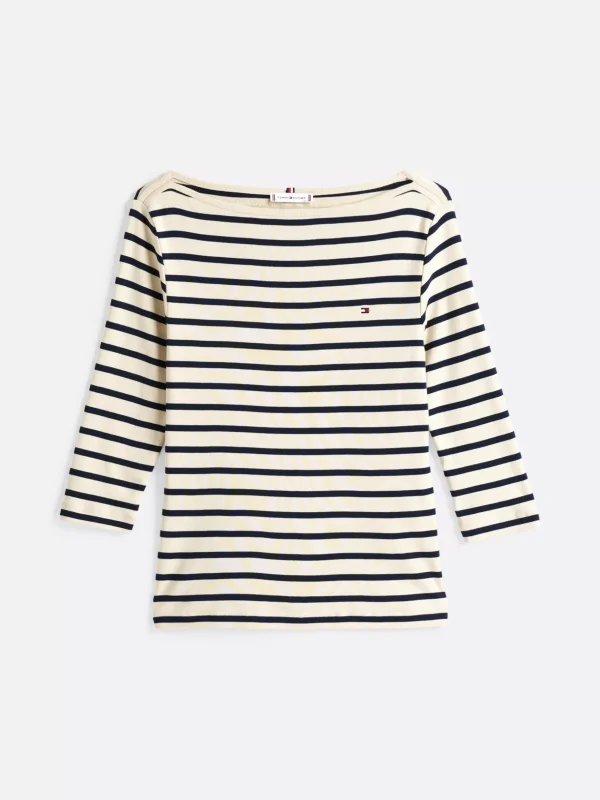 Tommy Hilfiger T-Shirt mit U-Boot-Ausschnitt und 3/4-Ärmeln FINE STP COUNTRY IVORY/ DRK N NAVY Store