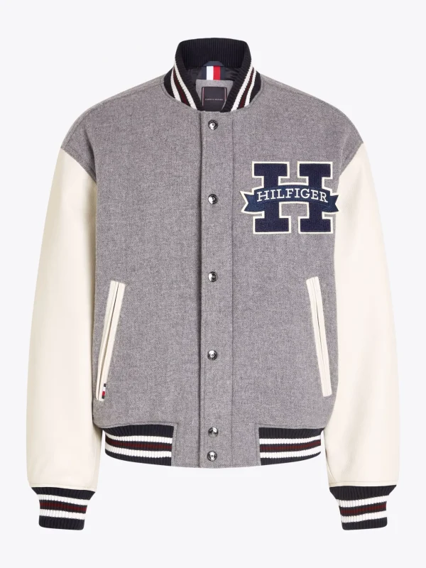 Tommy Hilfiger Varsity-Jacke in Color Block mit Lederärmeln LIGHT GREY HEATHER Sale
