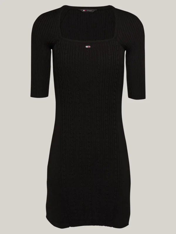 Tommy Hilfiger Zopfstrick-Kleid mit quadratischem Ausschnitt BLACK Sale