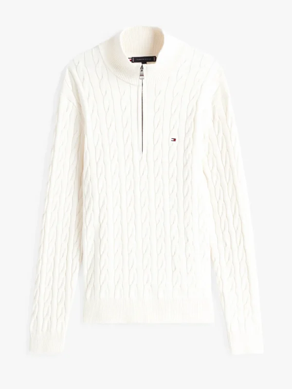 Tommy Hilfiger Zopfstricklpullover mit Reißverschluss IVORY PETAL Cheap