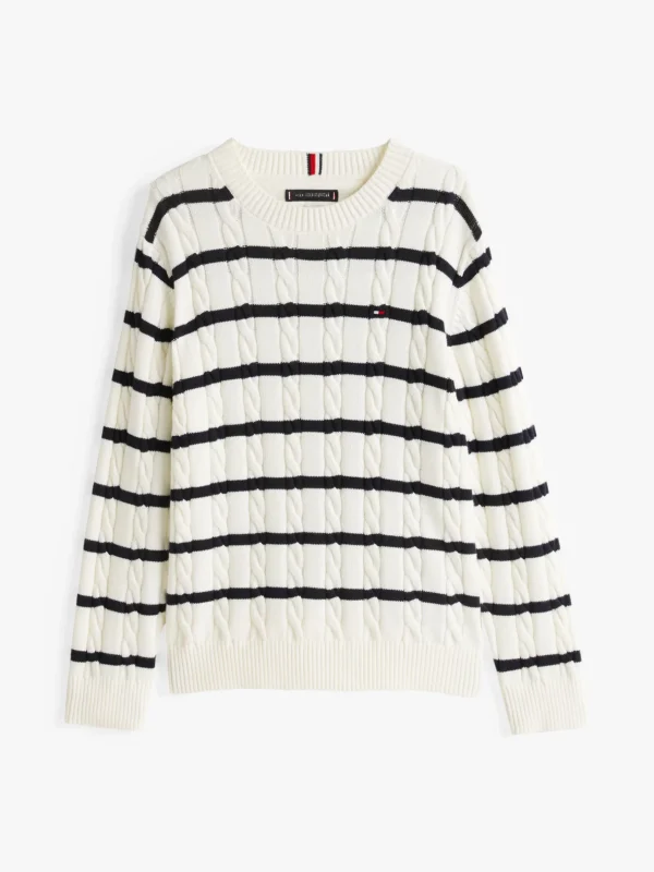 Tommy Hilfiger Zopfstrick-Pullover mit Rundhalsausschnitt IVORY PETAL DARK NIGHT NAVY STRIPE Outlet
